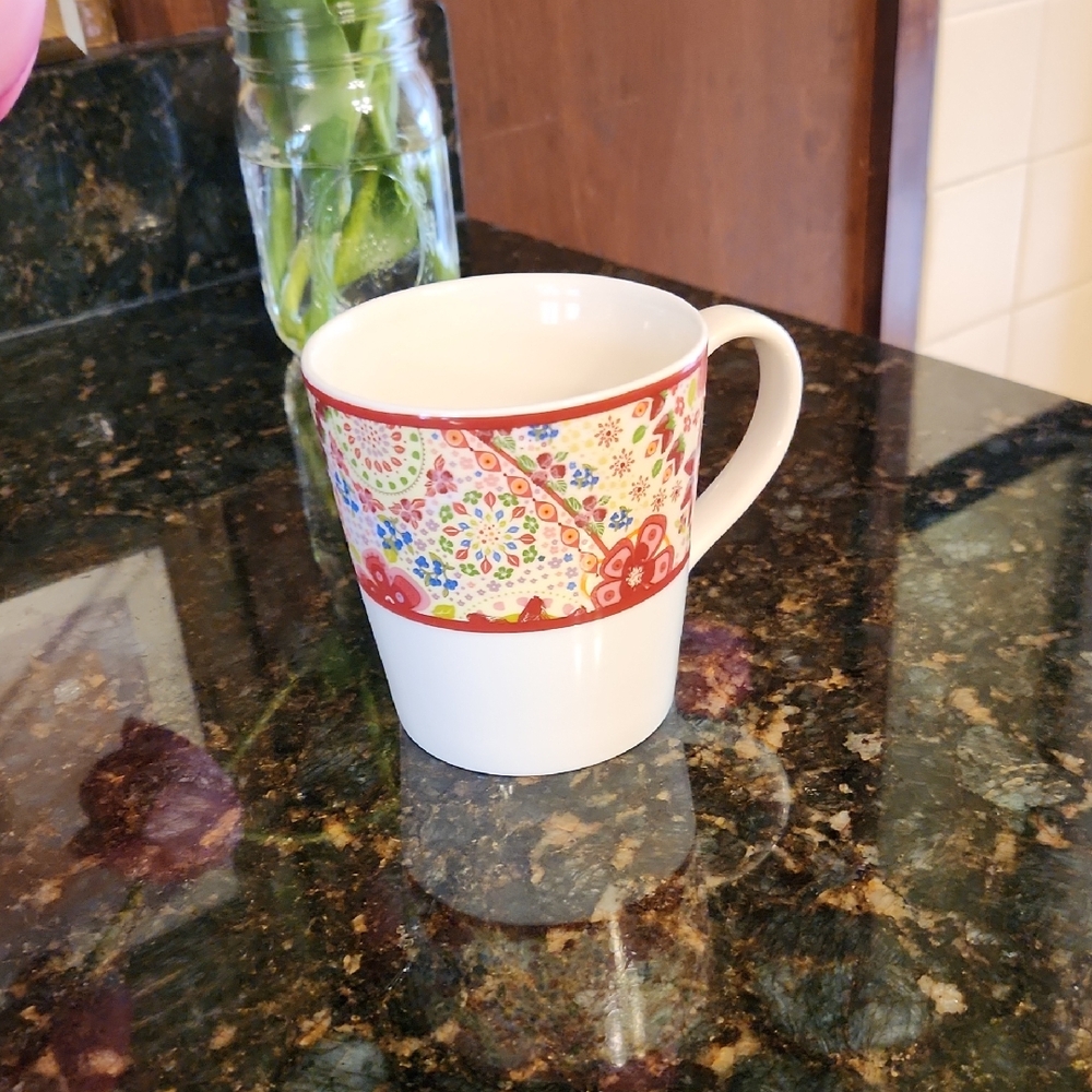 Starbucks '07 White Mug with Red and Multicolor Floral Band - Picture 1 of 3